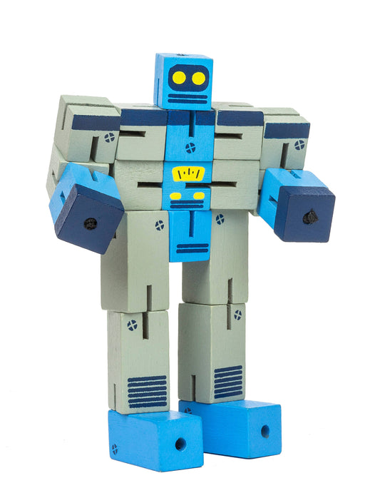 Puzzle Planet Display wooden robot toy in blue, gray, and yellow upright on a white background.