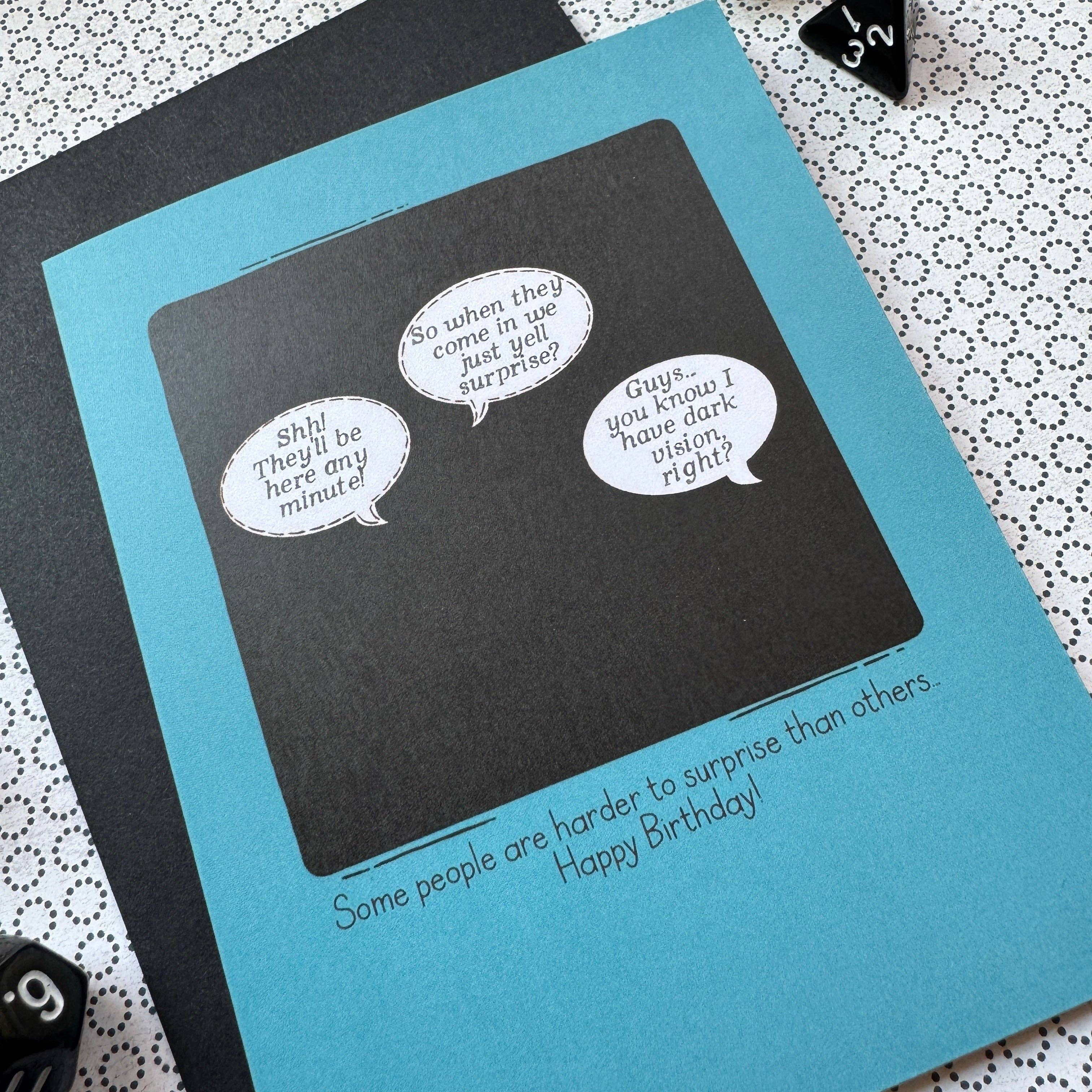 A5 Dark Vision Surprise birthday card for D&D fans, featuring characters with speech bubbles plotting a surprise.
