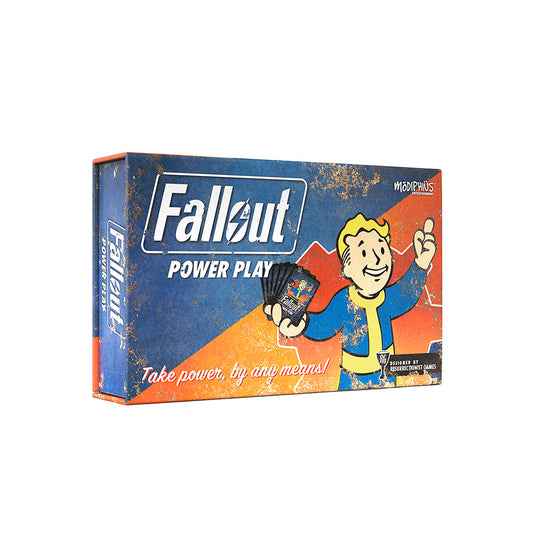 Fallout: Power Play competitive card game featuring Vault Boy holding a card and the tagline Take power, by any means.