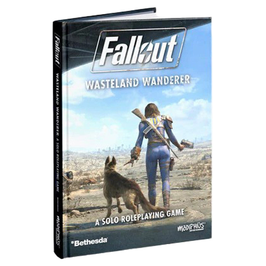 Fallout: Wasteland Wanderer RPG game featuring solo play with Pip-Boy and dog companion in an apocalypse setting.