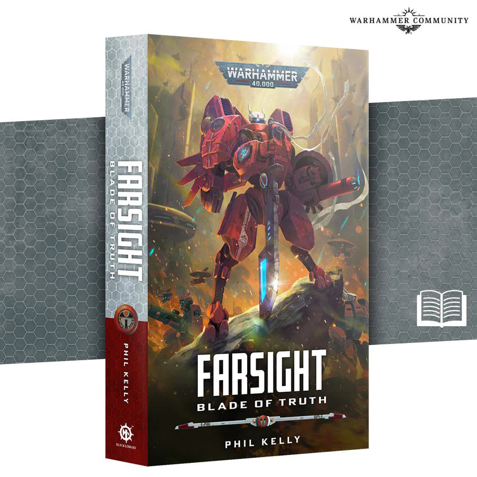 Black Library - Farsight: Blade of Truth (Paperback) cover featuring a red battlesuit fighting Tyranids.