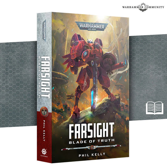 Black Library - Farsight: Blade of Truth (Paperback) cover featuring a red battlesuit fighting Tyranids.