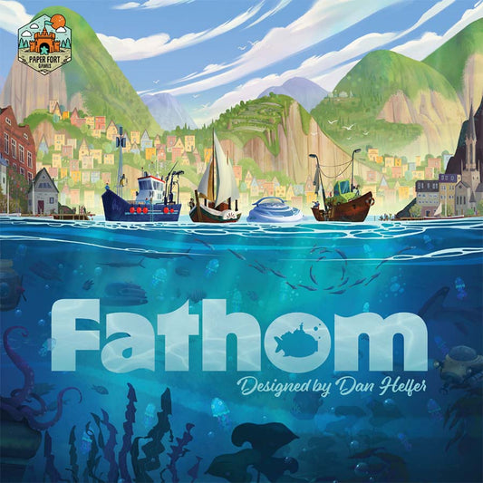 Fathom board game with underwater marine life scene; colorful harbor, boats, and mountains in background.