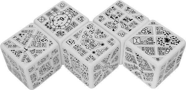 DungeonMorph Dice Ruins Set with five white dice, each featuring detailed abstract black symbols on the faces.