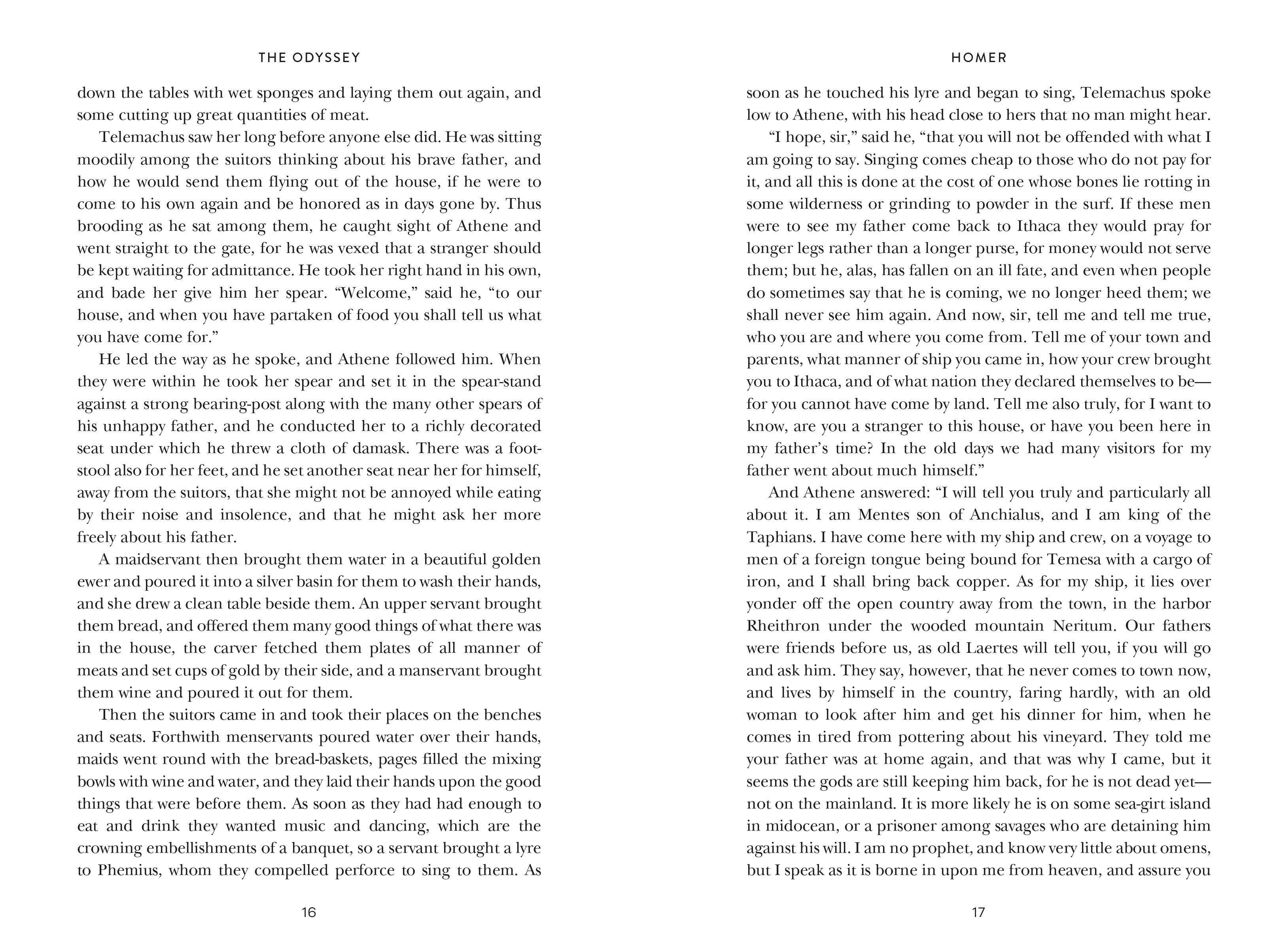 The Odyssey by Homer, Signature Clothbound Edition, two-page spread showing only text, no illustrations.
