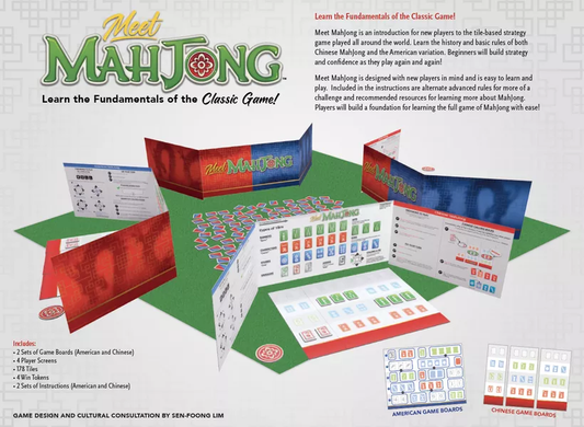 Mahjong game set with English-Chinese tiles and instruction sheet on green tabletop.