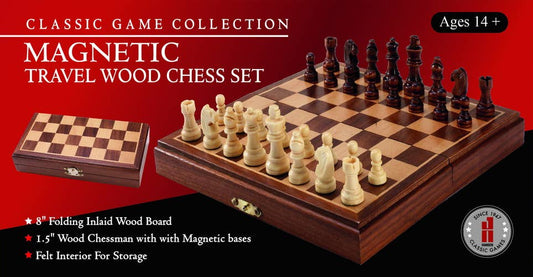 8 magnetic folding chess set with wooden board and pieces, suitable for ages 14 and up.