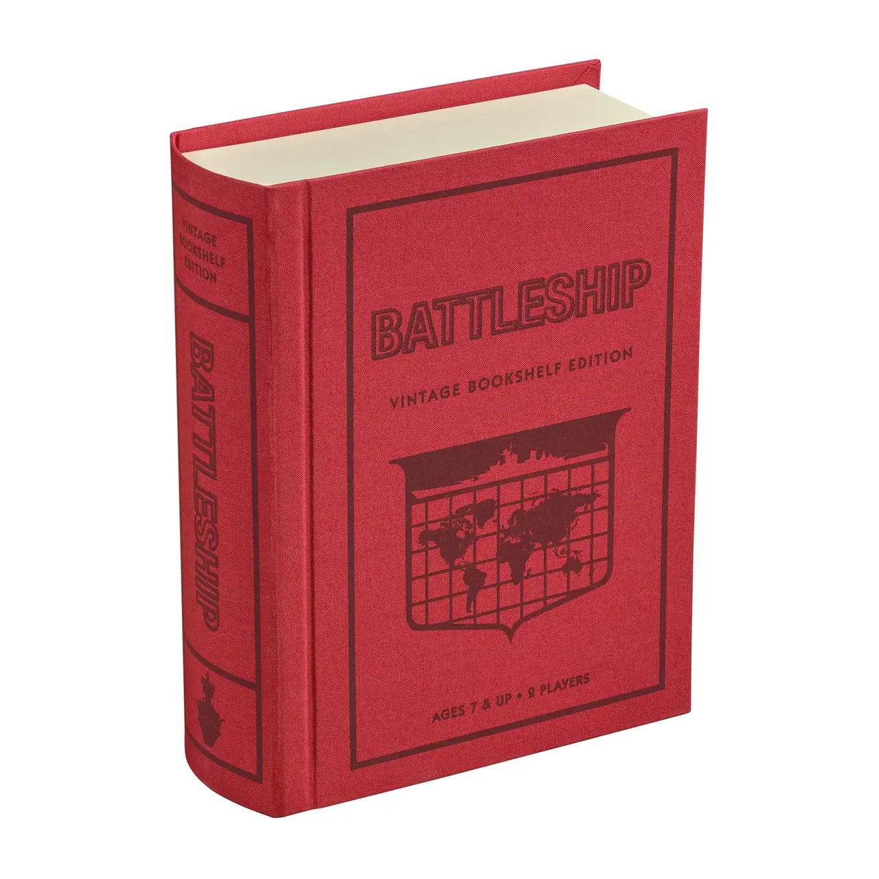 Battleship Vintage Bookshelf Edition in a red case with Hasbro game components.