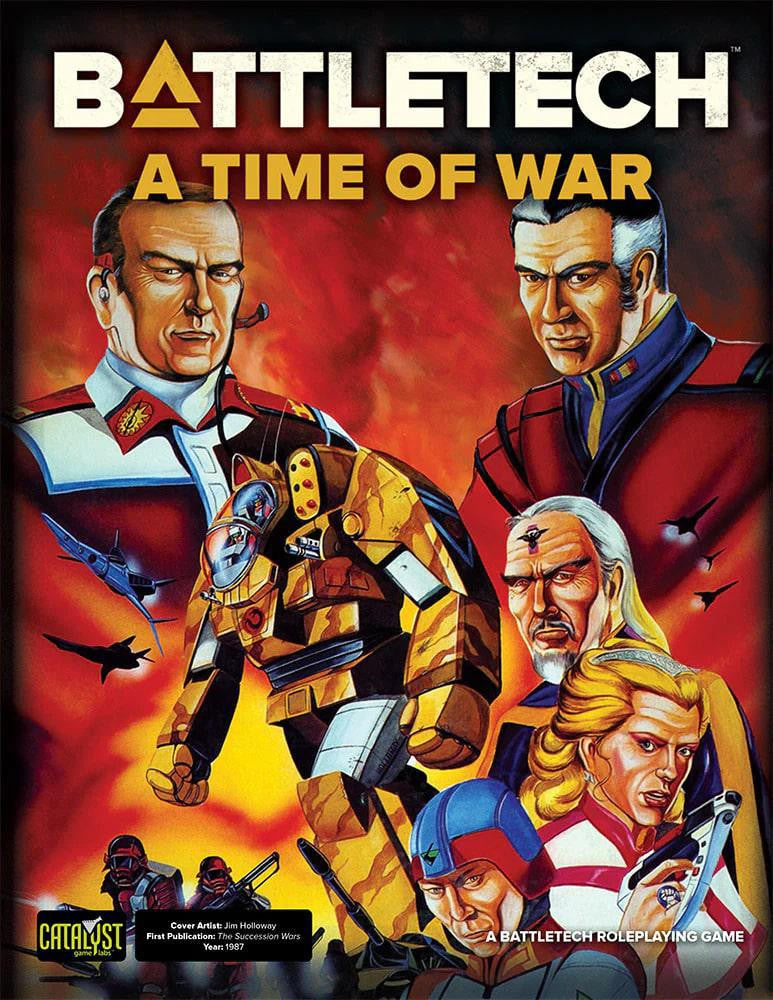 BattleTech: A Time of War book cover featuring MechWarriors, a mech, and sci-fi battle imagery.