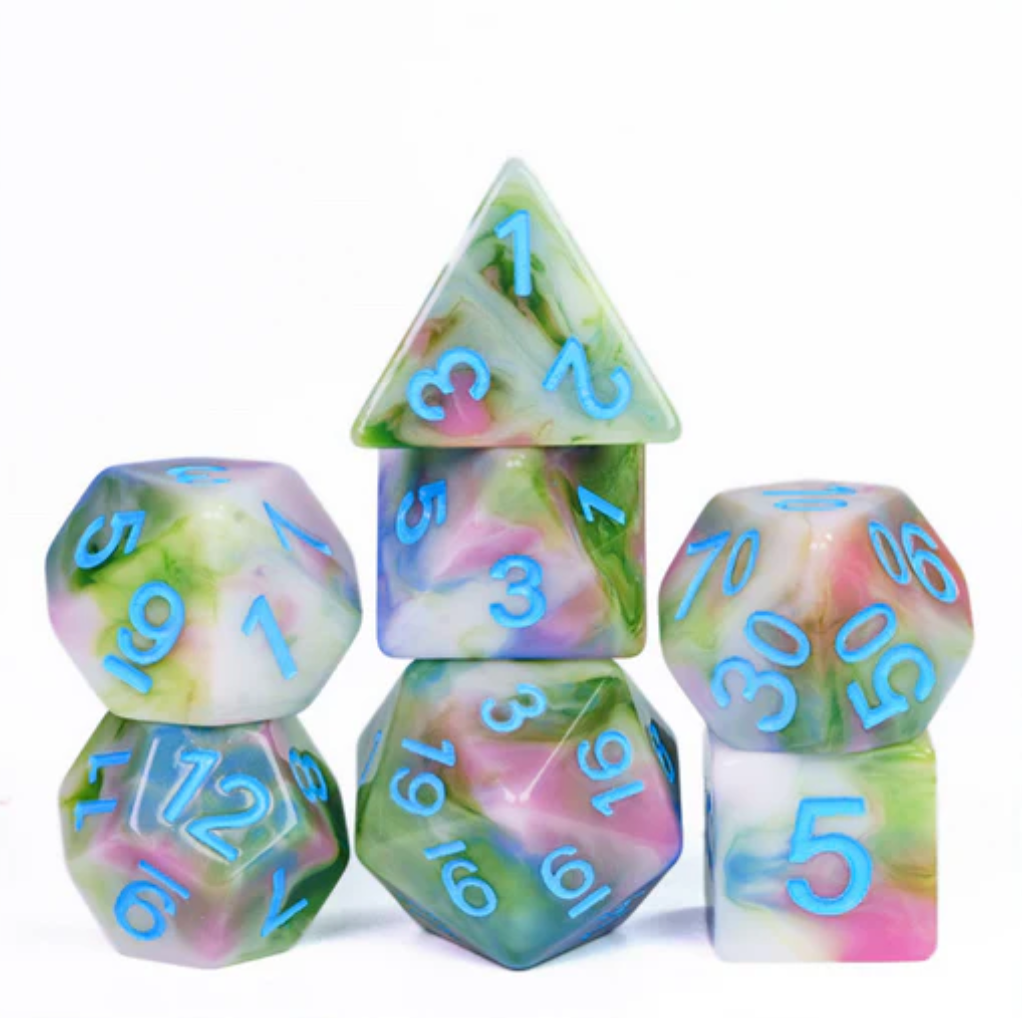 Field of Spring RPG Dice Set with colorful resin polyhedral dice and blue numbers on a white background.
