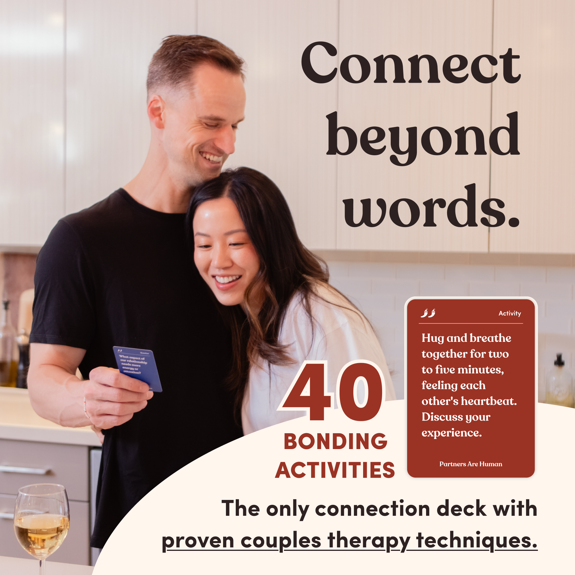 Partners Are Human (Couples Edition) for 40 bonding therapy activities held by a couple in a kitchen.