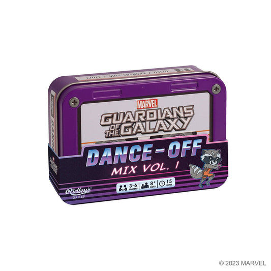 Purple tin box, Marvel Guardians of the Galaxy Dance-off edition with Rocket Raccoon and Star-Lord illustration.