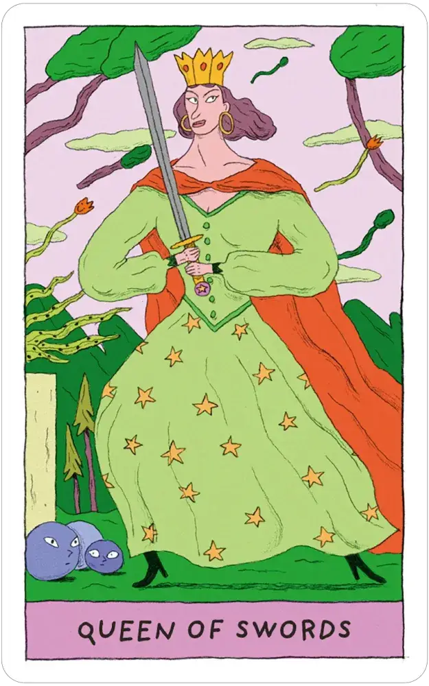 Whimsical Witch Tarot in a Tin, Queen of Swords card showing crowned woman with sword, starry dress, clouds behind.