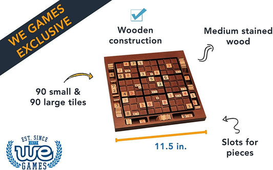 Walnut-stained wooden Sudoku board, 11.5 inches wide, with numbered tiles and labeled features.