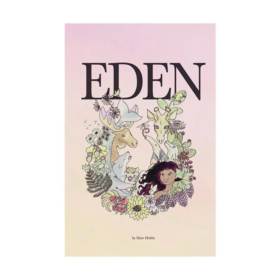 Eden book cover featuring illustrated animals, flowers, and a dark-haired girl.