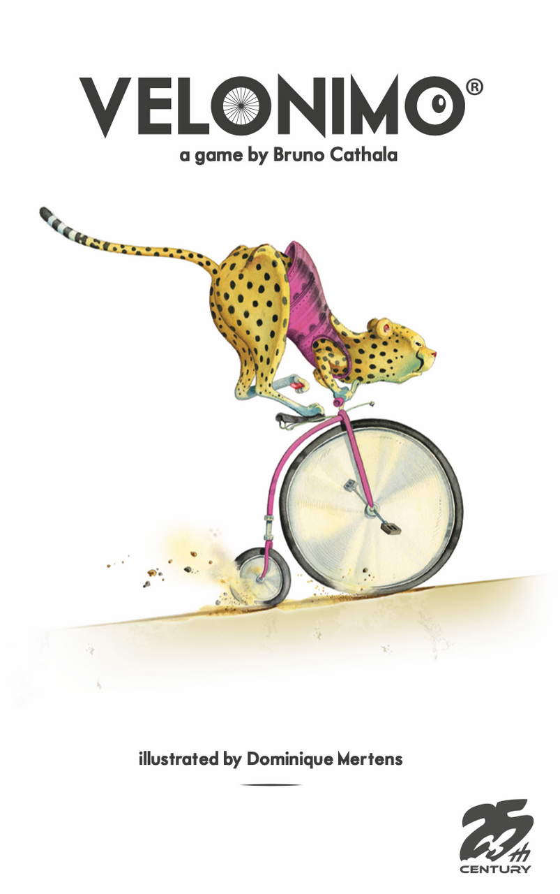 Velonimo card game box featuring a cheetah in a pink jersey riding a bike on the cover.