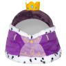 Undercover Pug queen costume on a plush purple throne bed decorated with royal icons.