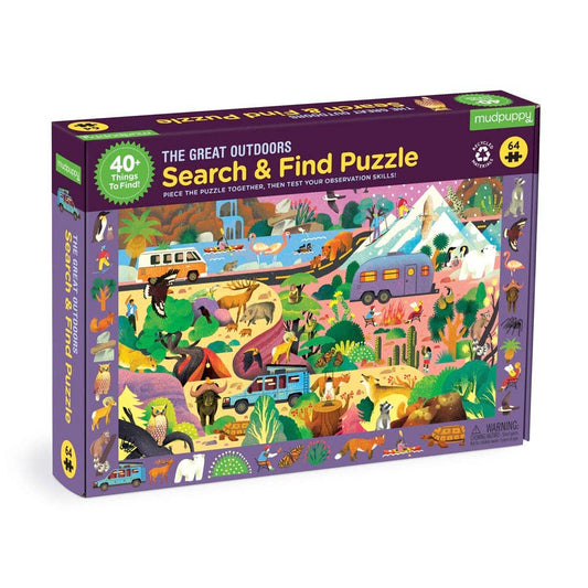 The Great Outdoors 64-piece Search and Find Puzzle with animals, campers, and colorful nature scenes.