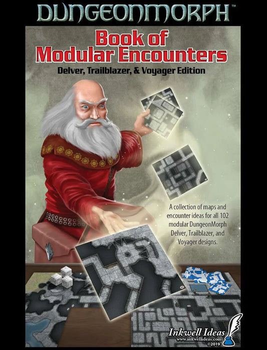 The DungeonMorph Book of Modular Encounters featuring mini-dungeon maps and dice.