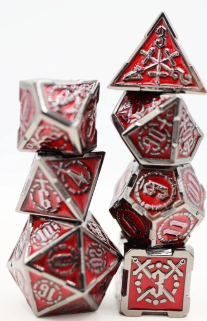 Blood Sword RPG Metal Dice by Foam Brain Games, two stacks, red and silver with intricate designs.