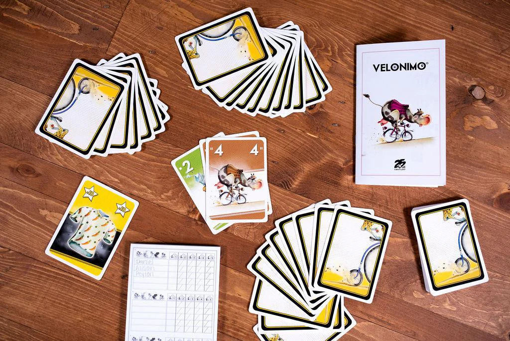 Velonimo card game set with cards, score sheet, and box.