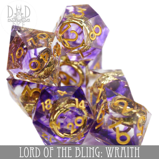 Lord of the Bling: Wraith handmade clear resin dice with purple and gold swirls, gold numbers, tabletop gaming.