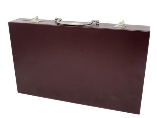 Closed Cork Backgammon briefcase with silver handle and locks, upright.