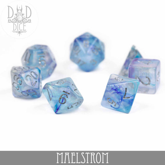 Maelstrom blue and purple marbled resin polyhedral dice set with silver numbers.