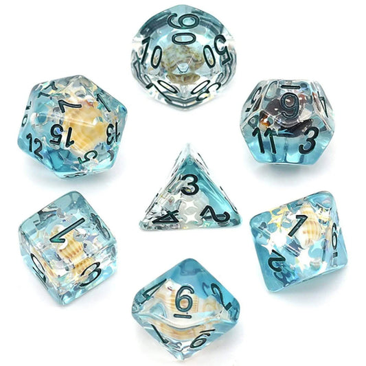 Blue Beach Conch RPG Dice Set with translucent blue dice, seashells inside, and black numbers.