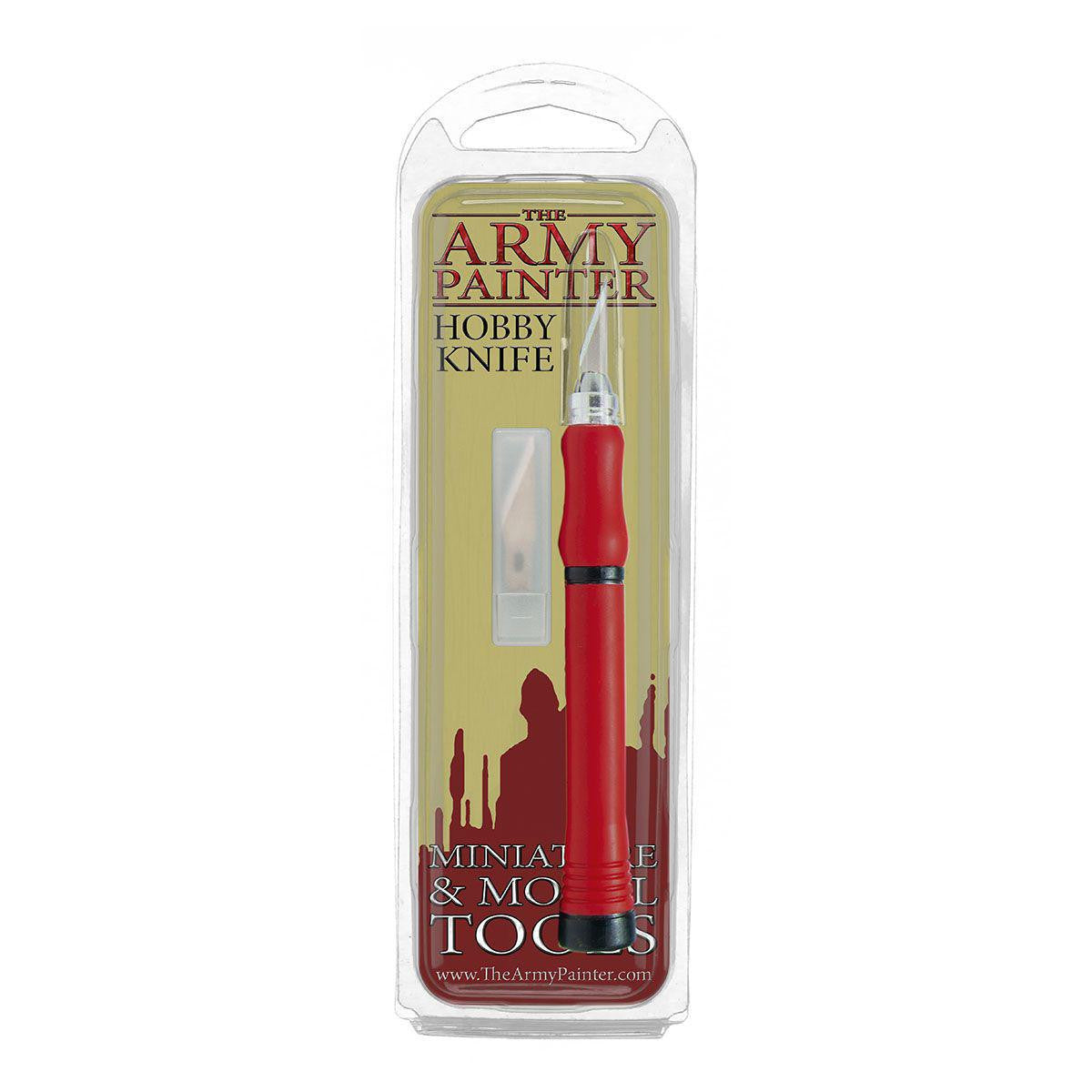 Army Painter Hobby Knife with red handle and extra blade in official packaging.