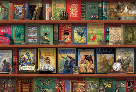 Adventure Storytime 2000-piece puzzle featuring three shelves of adventure books, a cat, clock, and model ship.