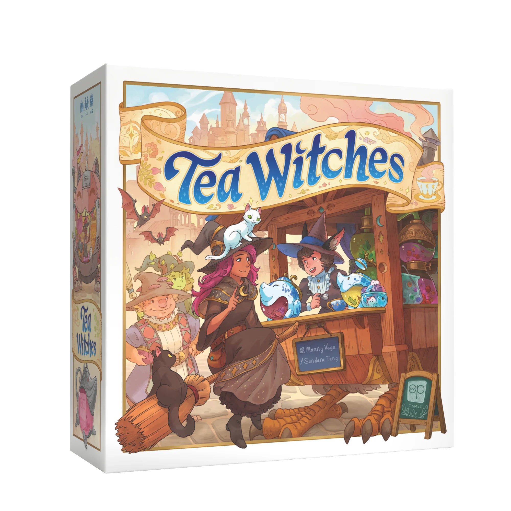 Tea Witches board game box featuring magical tea vendors, TeaPups, and fantasy creatures.