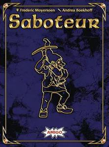 Saboteur 20th Anniversary edition game box with a gold-outlined dwarf and pickaxe on a dark blue background.