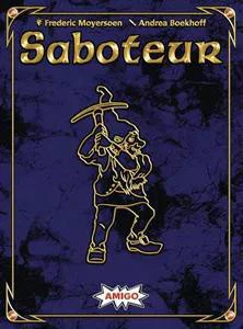 Saboteur 20th Anniversary edition cover featuring a gold-outlined dwarf holding a pickaxe on dark blue.