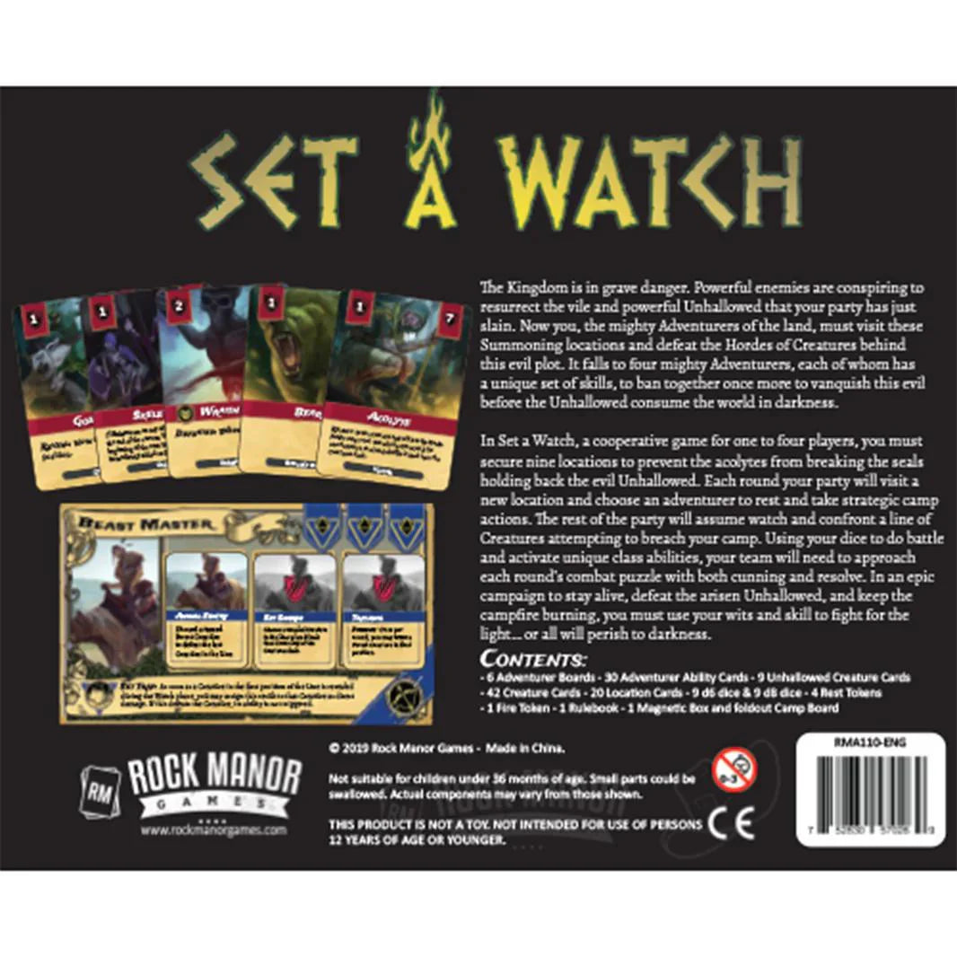 Set A Watch box back displaying character cards, tokens, and dice.
