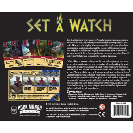 Set a Watch box back showing game overview, cards, dice allocation mechanics, components, and Rock Manor Games logo.