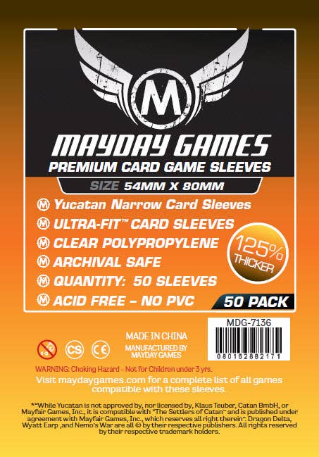 Premium Yucatan Narrow Card Game Sleeves, 54 x 80 mm, 50-pack in orange packaging with details and warnings visible.