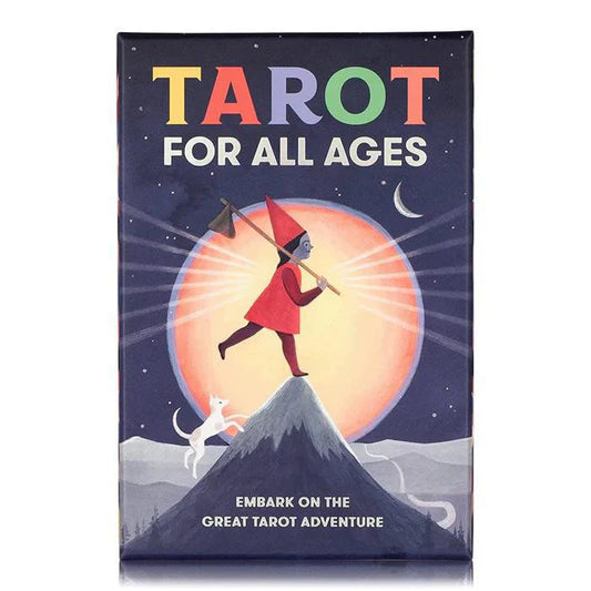 A Tarot for All Ages Deck box with title and artwork of a child and cat on a mountain.