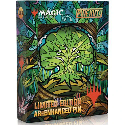 Magic the Gathering Stained Glass Forest AR pins with green stained glass design.