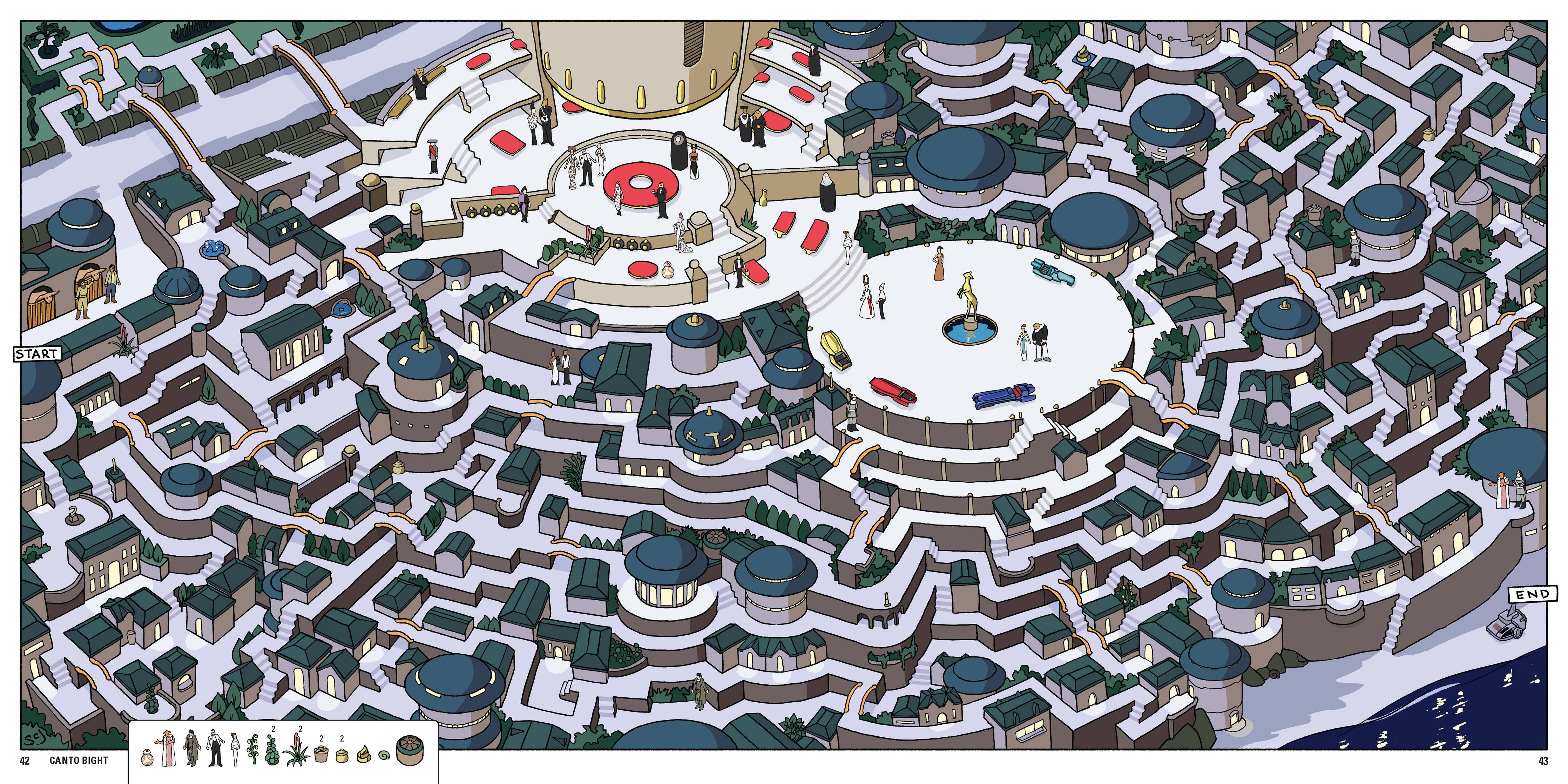 Star Wars Mazes book with isometric maze cities, snowy rooftops, winding paths, and vehicles.