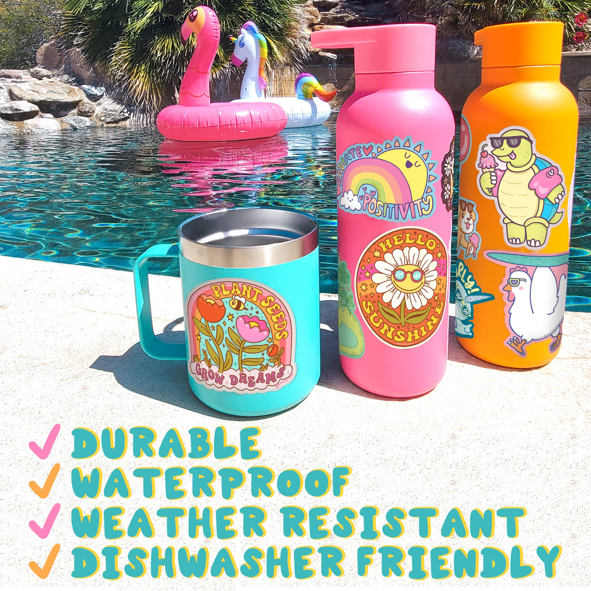 Axolotl Pink Amphibian Cute Animal Vinyl Sticker next to colorful drinkware on a poolside.