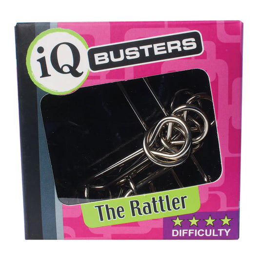 IQ Busters Wire Puzzle in box, includes metal puzzle rated four stars for difficulty.
