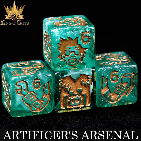 Artificers Arsenal 11-piece DND dice set, green glitter with gold tool engravings and King of Crits logo.