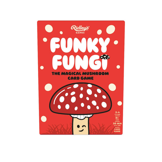 Funky Fungi family game in a red box with a cartoon mushroom with white spots on the cover.