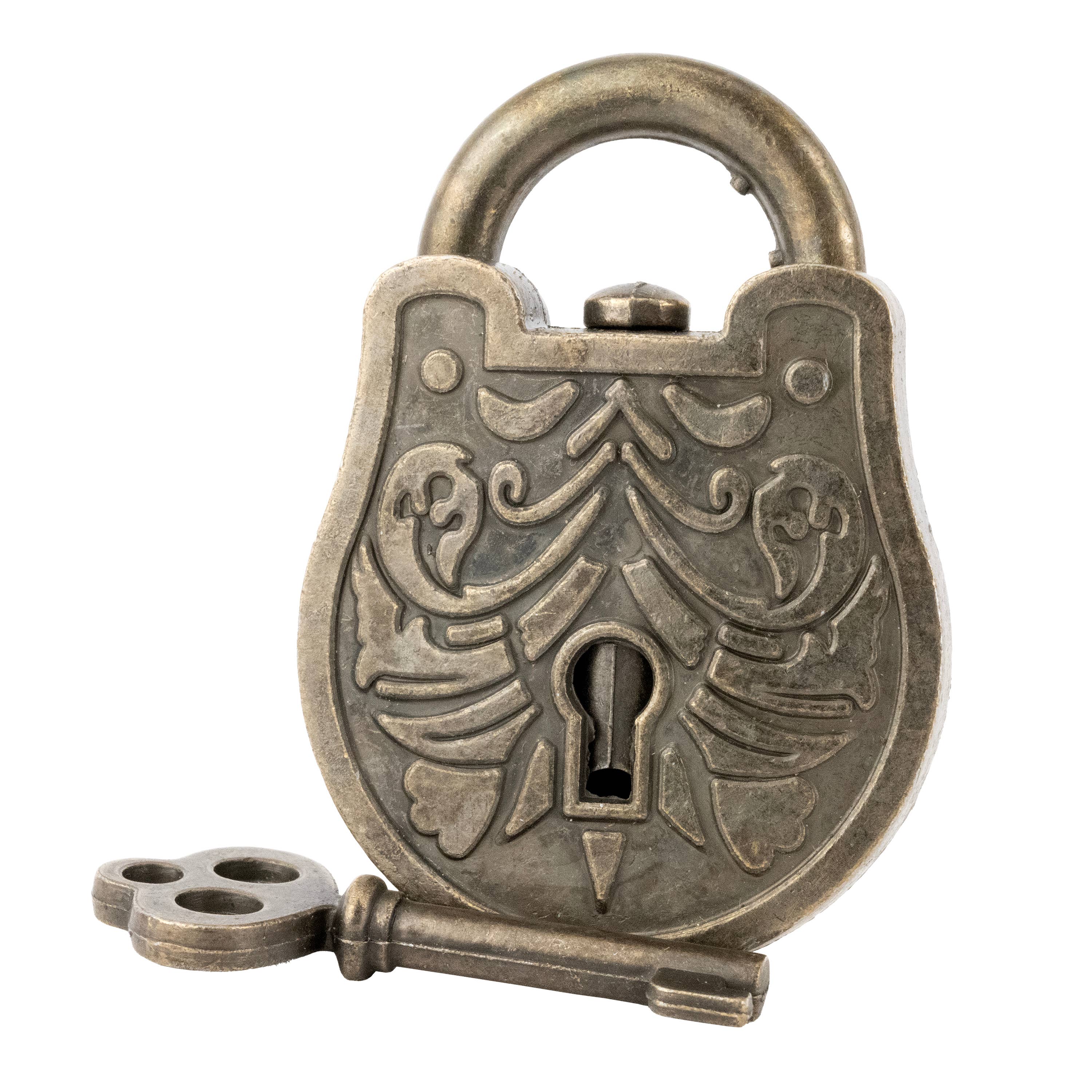 True Genius Greek Trick Lock Puzzle with intricate engravings and a matching vintage-style key.