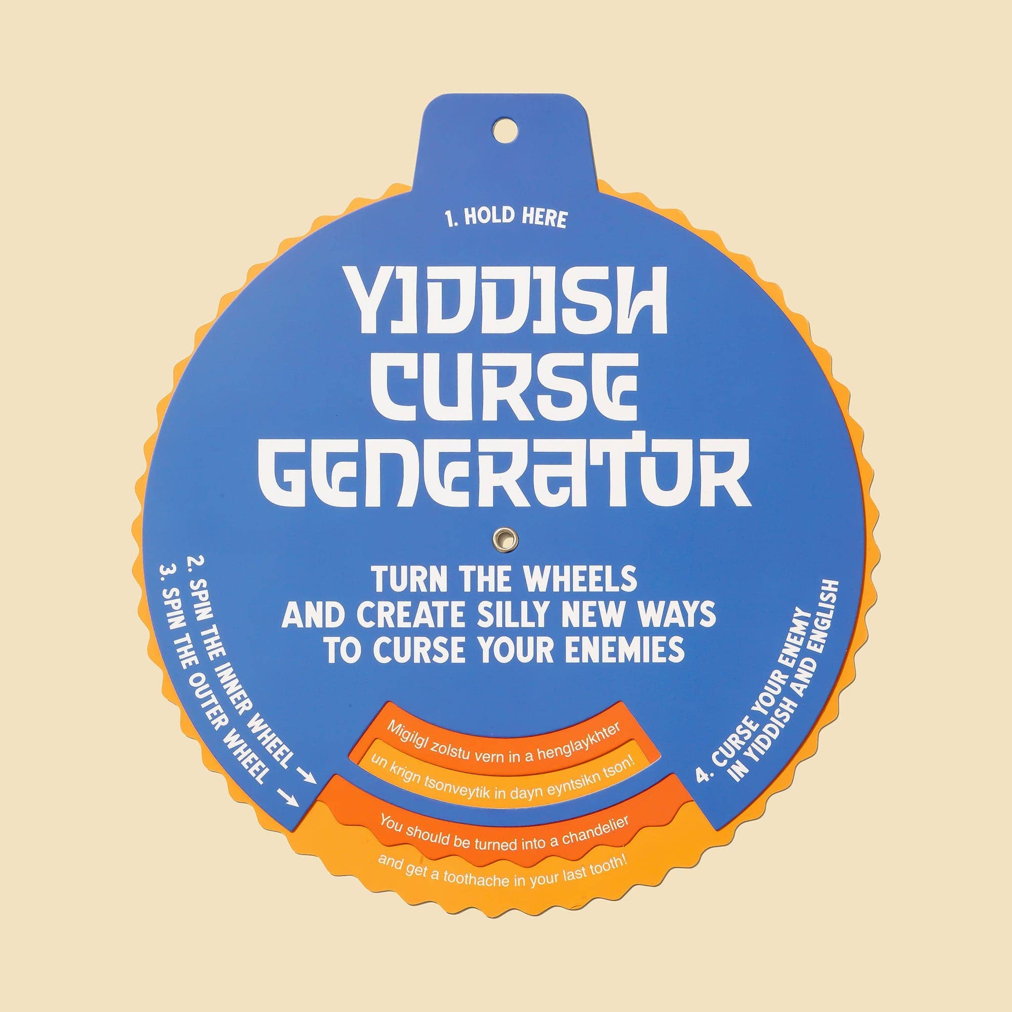 The Yiddish Curse Generator, a circular product with blue and orange accents, displays English and Yiddish curse instructions.