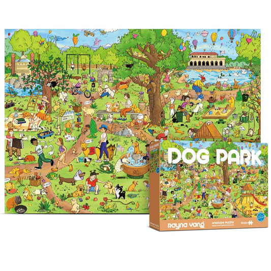 Dog Park Leisure Time 1000 Piece Jigsaw Puzzle with a park scene including people and dogs.
