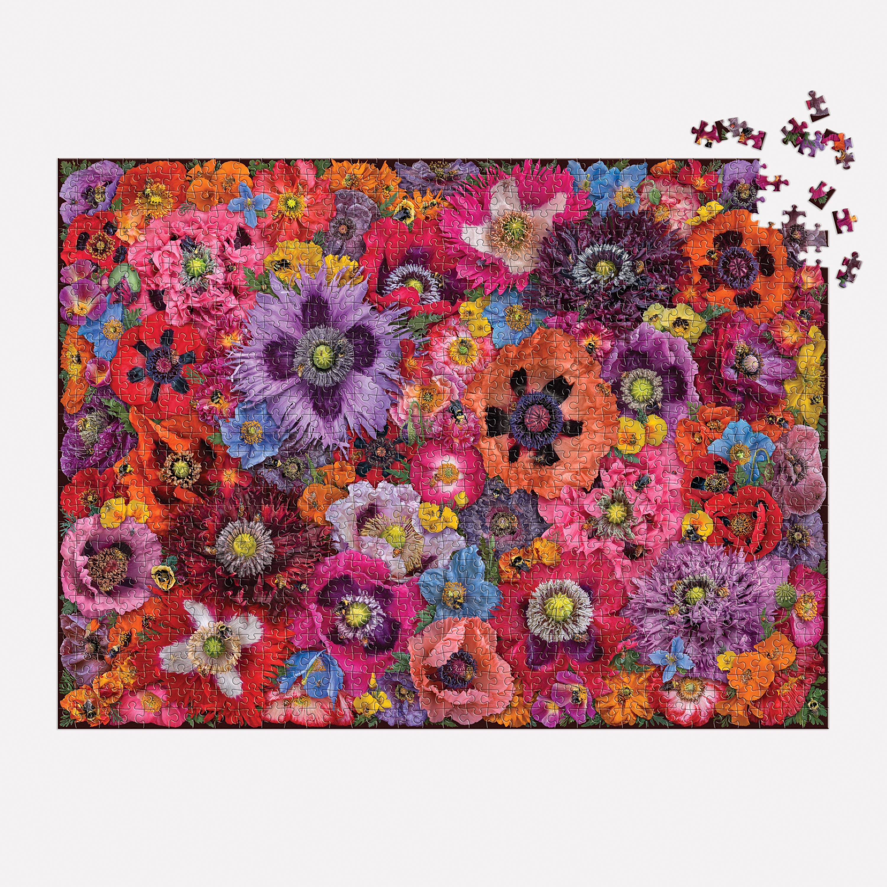 Bees in the Poppies 1000 Piece Puzzle with missing pieces in the top right and nearby.