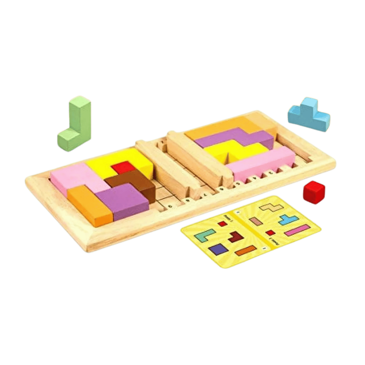 Katamino Family XL wooden puzzle with colorful Tetris-like blocks, game board, and yellow instruction card.