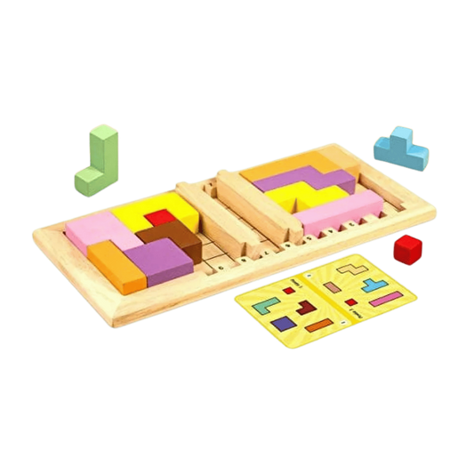 Katamino Family XL wooden puzzle with colorful Tetris-like blocks, game board, and yellow instruction card.